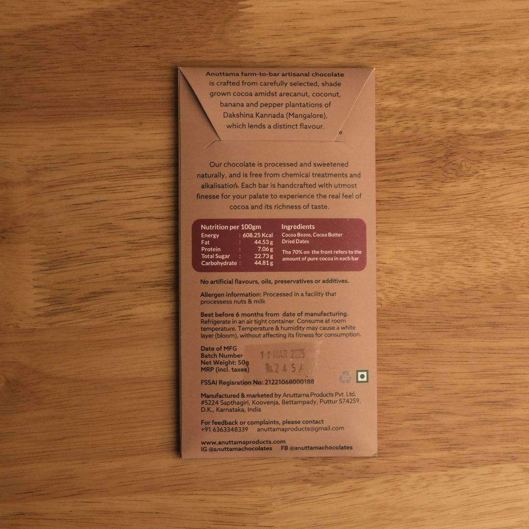 Anuttama 70% Dark Chocolate with Dates