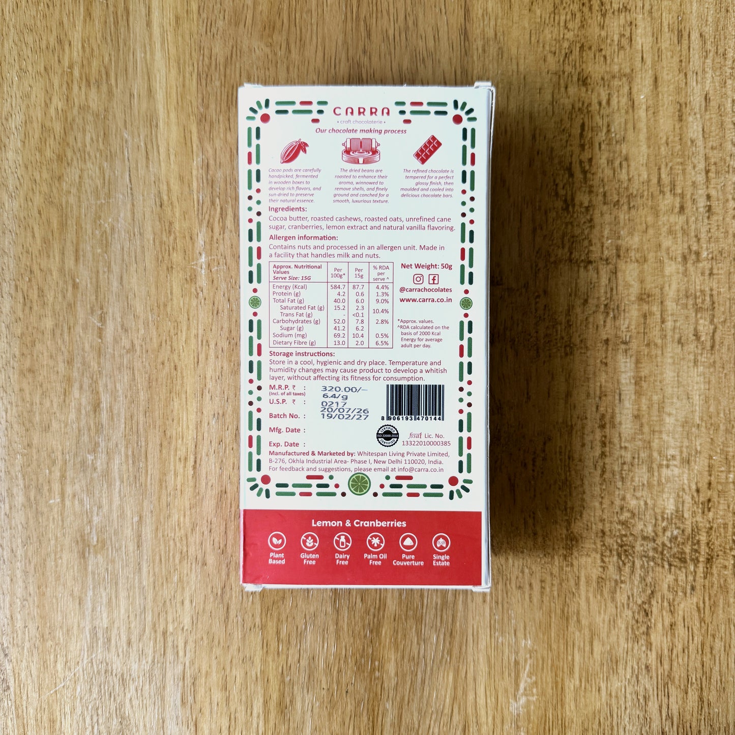 CARRA Lemon & Cranberries in Vegan White Chocolate