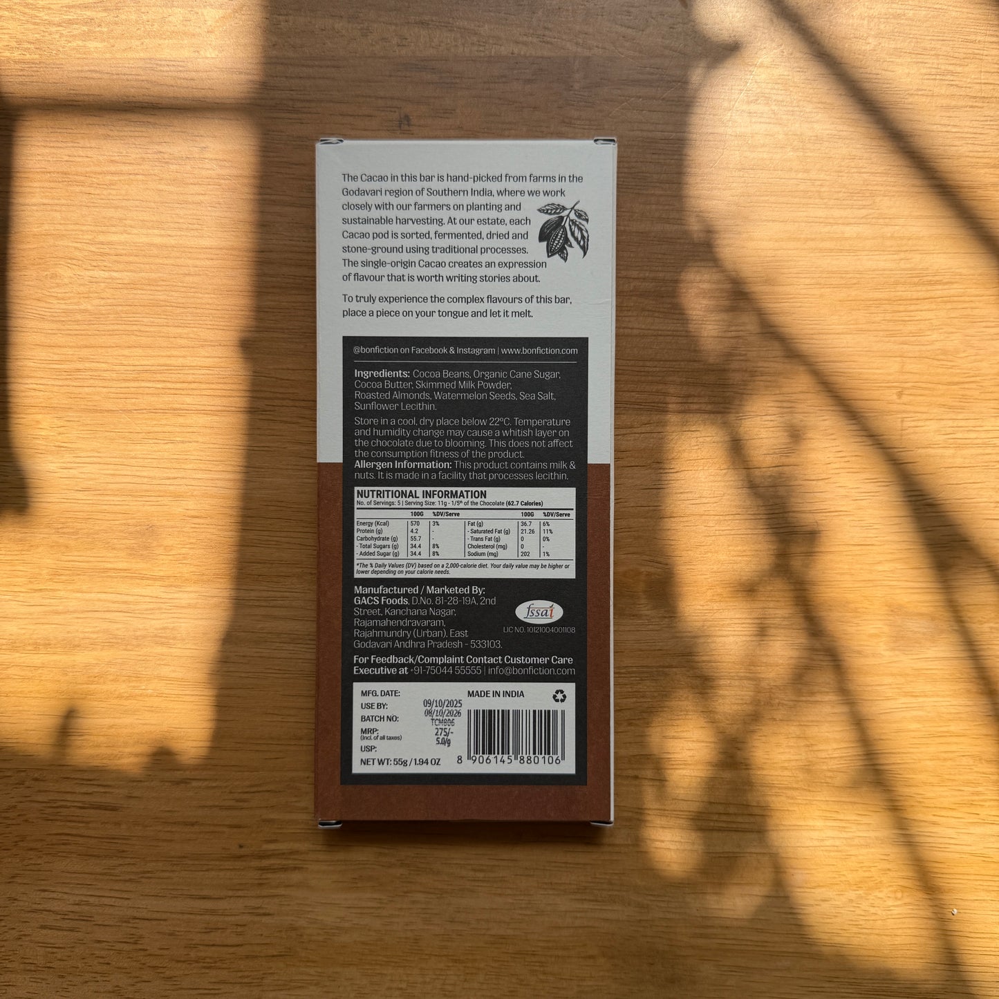 Bon Fiction 55% Dark Milk Chocolate with Almonds, Sea Salt and Watermelon Seeds