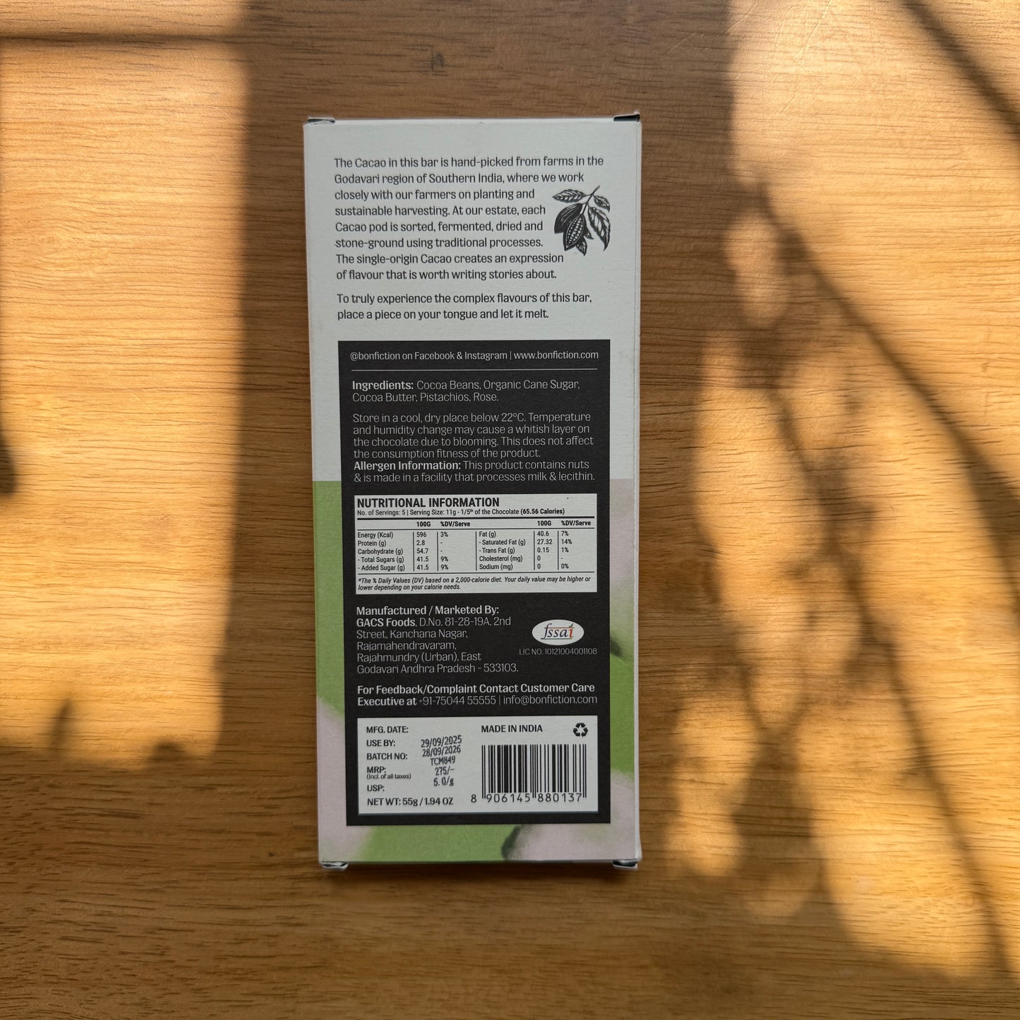 Bon Fiction 55% Dark Chocolate with Pistachio and Rose