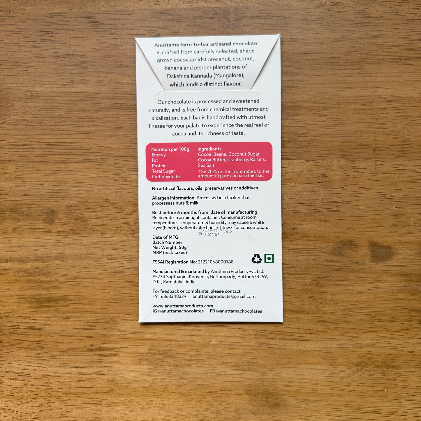 Anuttama 70% Dark Chocolate with Cranberry, Raisins, Sea Salt