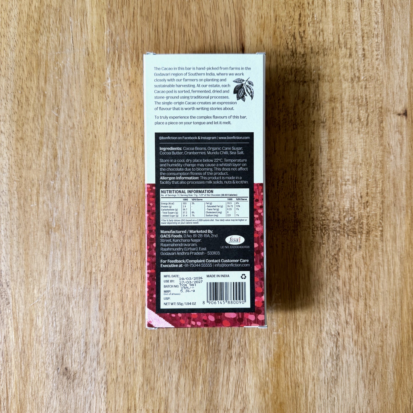 Bon Fiction 64% Dark Chocolate with Cranberry and Chilli
