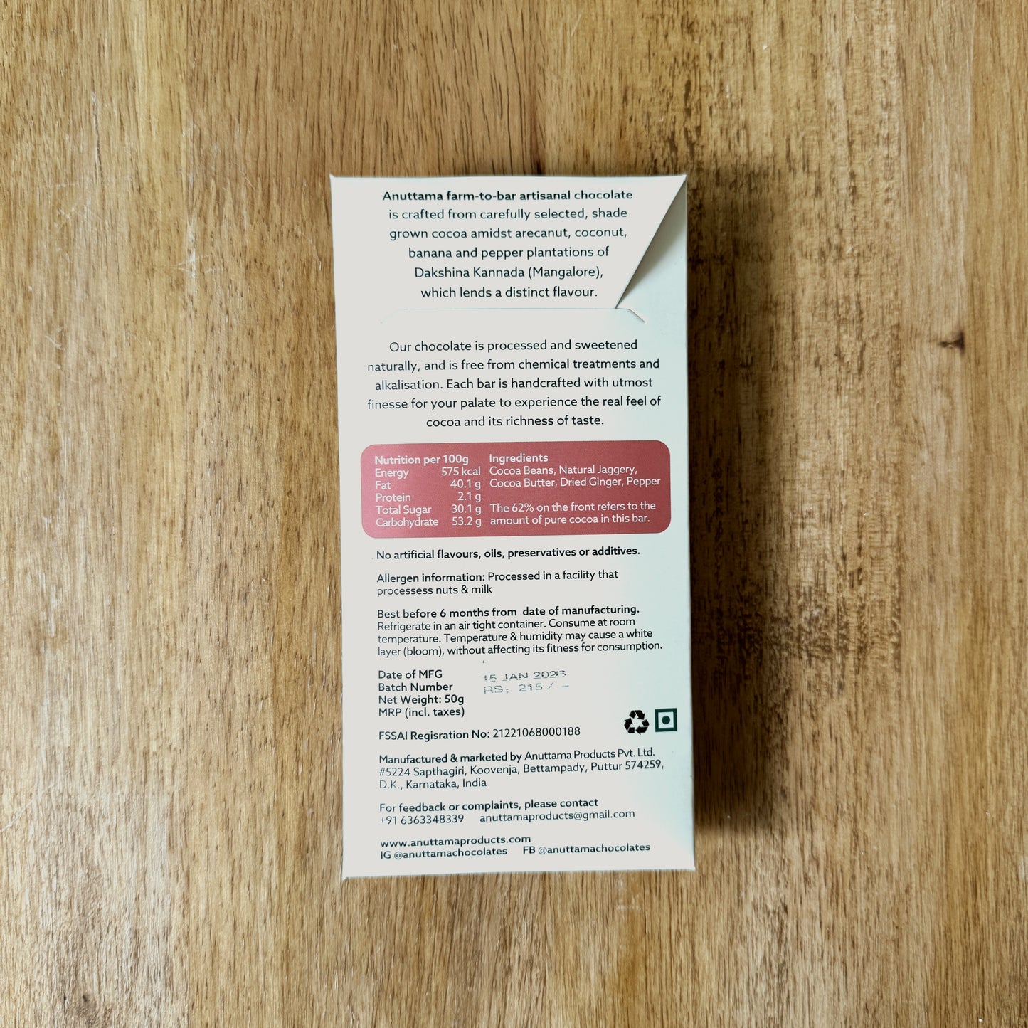 Anuttama 62% Dark Chocolate with Ginger and Pepper