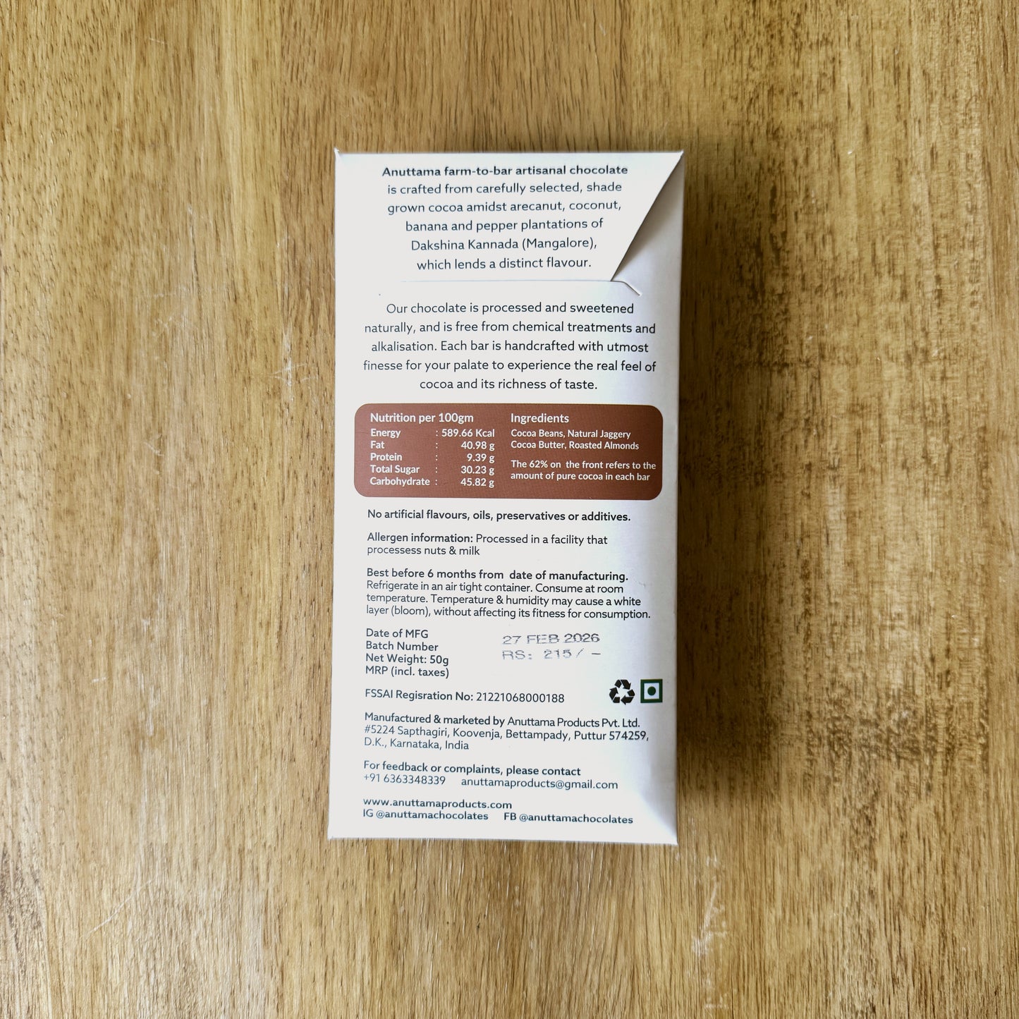 Anuttama 62% Dark Chocolate with Roasted Almonds