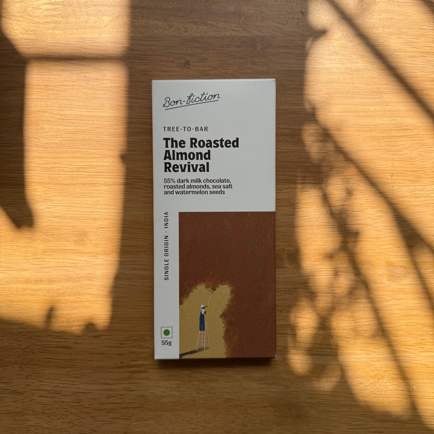 Bon Fiction 55% Dark Milk Chocolate with Almonds, Sea Salt and Watermelon Seeds