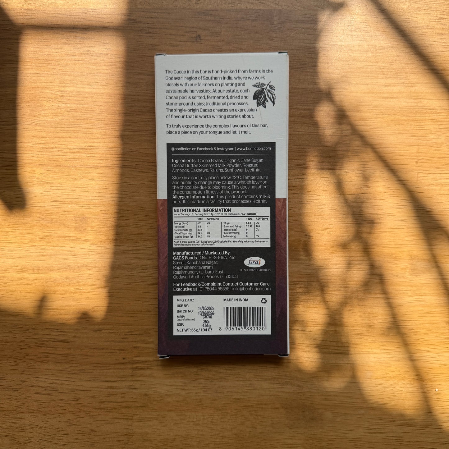 Bon Fiction 45% Milk Chocolate with Raisins, Cashews and Almonds