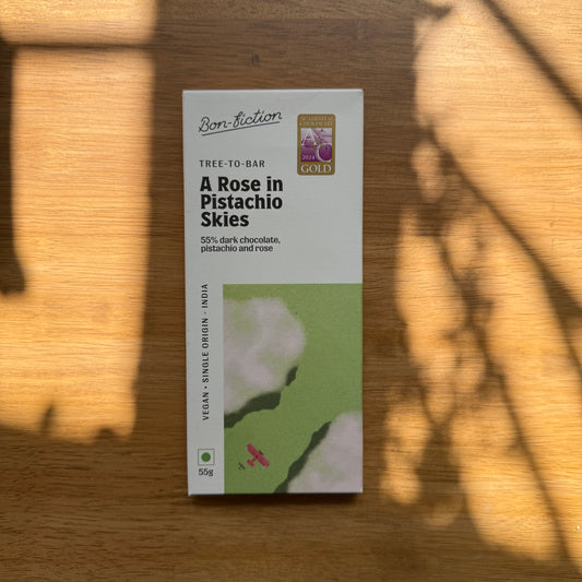 Bon Fiction 55% Dark Chocolate with Pistachio and Rose