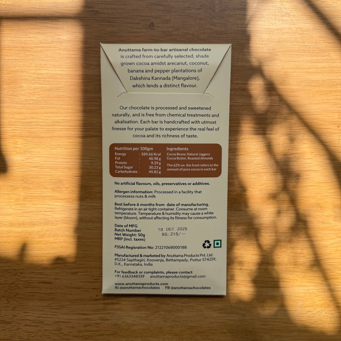 Anuttama 62% Dark Chocolate with Roasted Almonds