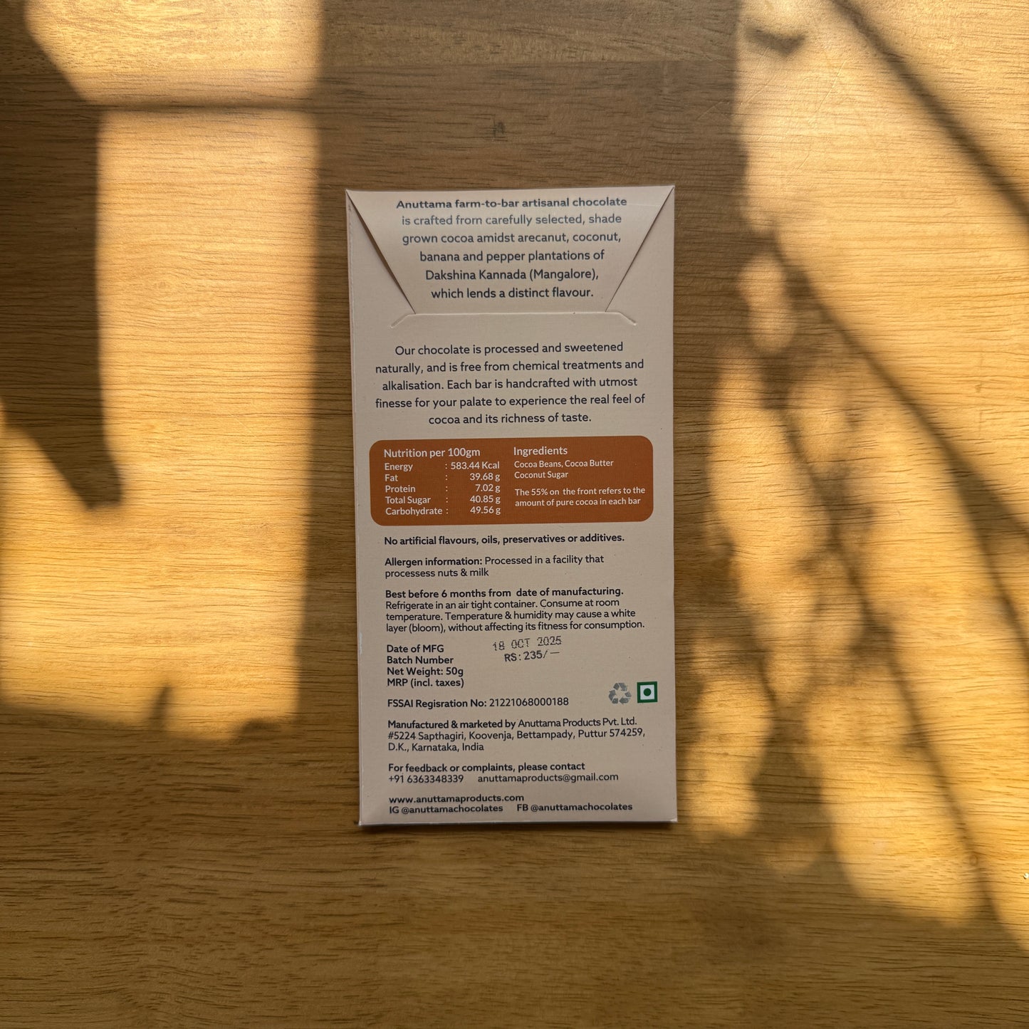 Anuttama 55% Dark Chocolate with Coconut Sugar