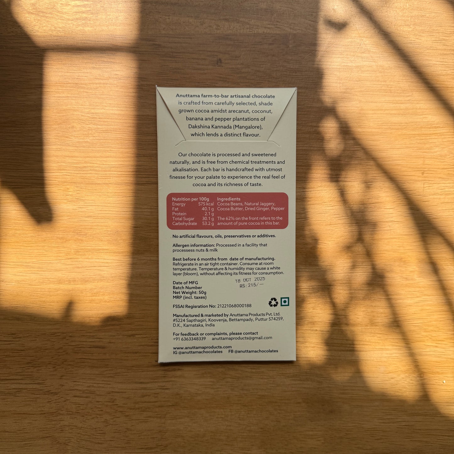 Anuttama 62% Dark Chocolate with Ginger and Pepper