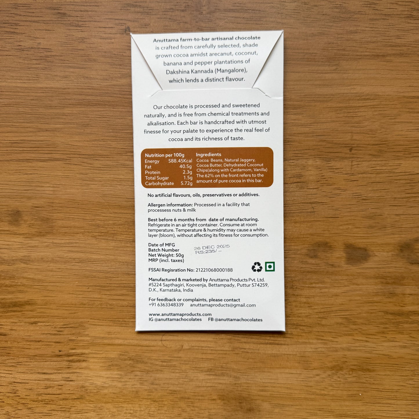 Anuttama 62% Dark Chocolate with Coconut chips