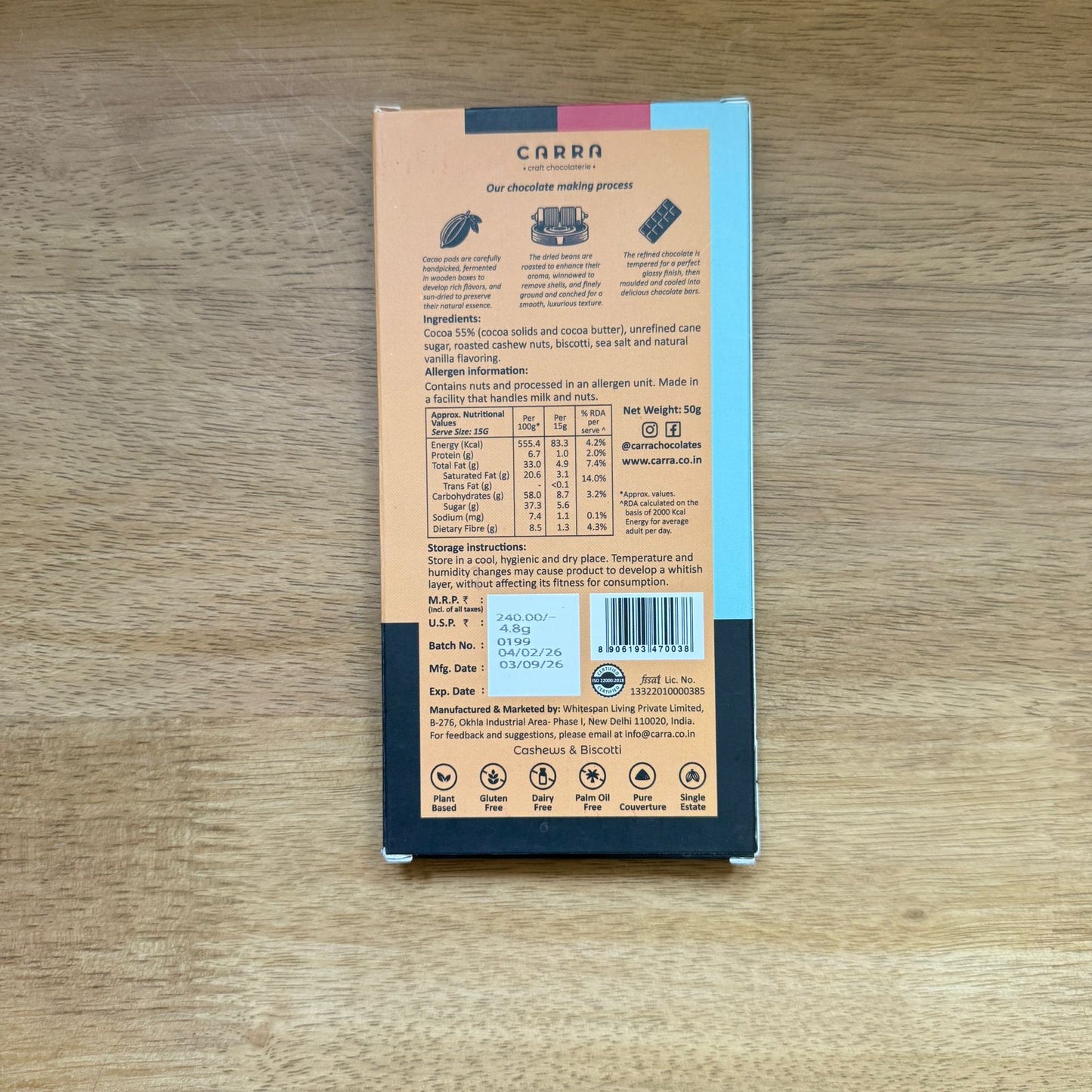 CARRA Cashews & Biscotti 50g Bar 55% Dark Chocolate